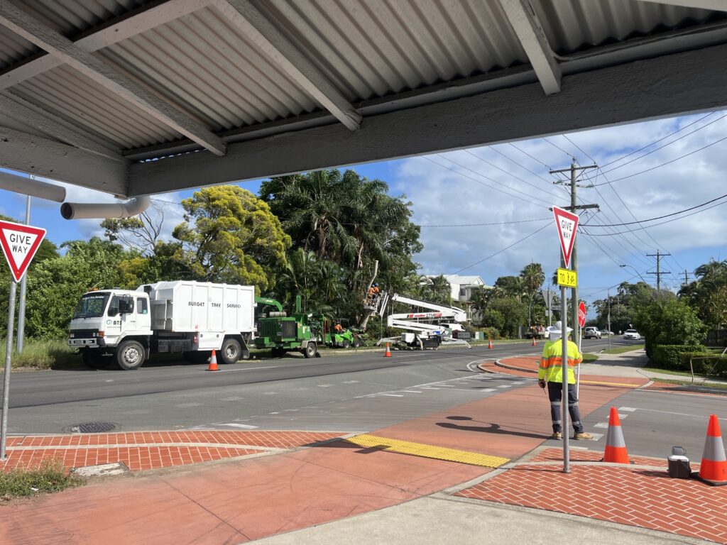 tree services Fraser Coast with traffic control and elevated work platform setup