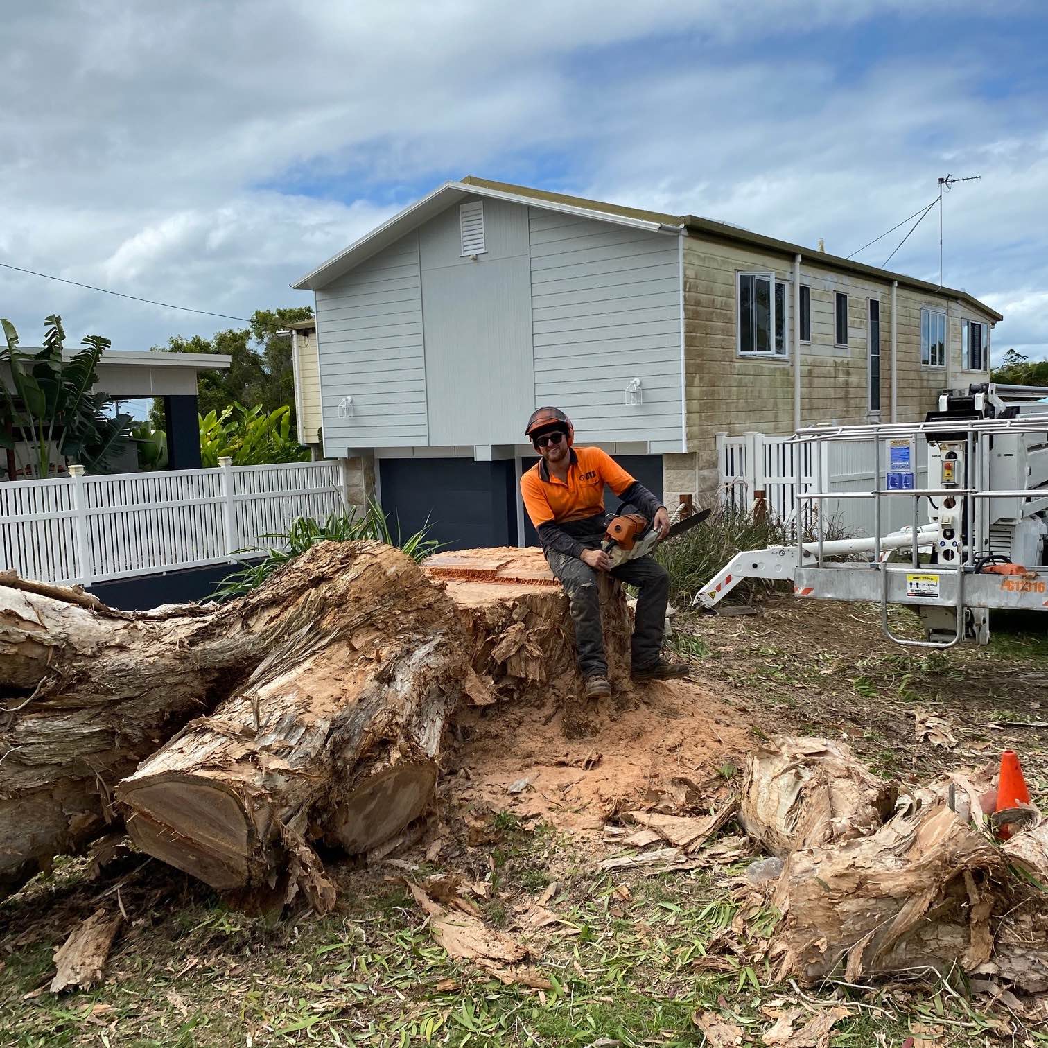 tree removal Fraser Coast arborist cutting large stump with chainsaw